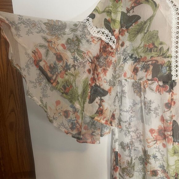 Alberto Makali Floral Sheer Long Dress Lace Trim Bell Sleeves Peasant Boho M - Picture 6 of 16